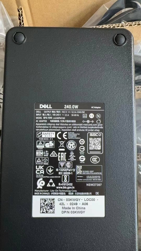 New Genuine Dell Laptop Charger AC Adapter Power Supply LA240PM160 DP/N 03KWGY 240W19.5V 00MFK9 12.3A GA240PE1-00 for Dell Precision M6400/M6500/M6600 Product specifications:                       Condition : Brand New Laptop Brand : Dell Fit Model Number :  Alienware Area-51 M17x Dell DP/N  Number : DP/N 03KWGY Screen size :  INPUT: 100-240V 50-60Hz ;OUTPUT: 19.5V 12.3A, 240W;BLACK AC Adapter Power Compatibblity Model : Alienware Area-51 M17x  Alienware Area-51 M17-R1 Alienware Area-51 M17X Alienware  Area-51 M17X-R3 Asus G70 Asus G70S  Asus G70SG Dell Precision M6400 Dell Precision M6500 Dell Precision M6600
